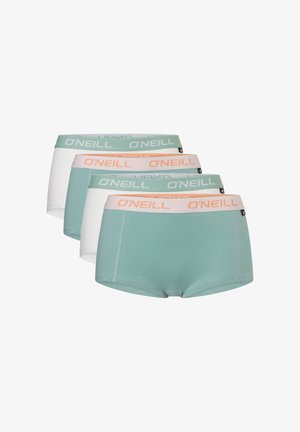 Vier paar dameshipsteronderbroeken, afwisselend wit en licht petrol, met elastische taillebanden met het merk "O'NEILL" in roze en petrol.