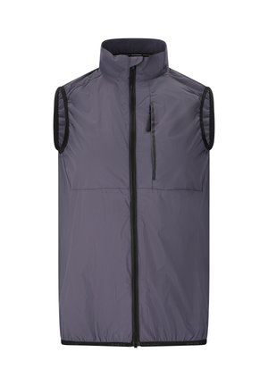 Ærmeløs grå vest med lynlås, høj krave og lodret lynlåslomme på brystet, designet til letvægtsudendørsbrug.