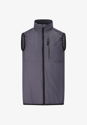 Mouwloos grijs vest met rits, hoge kraag en verticale borstzak met rits, ontworpen voor lichtgewicht outdoor gebruik.