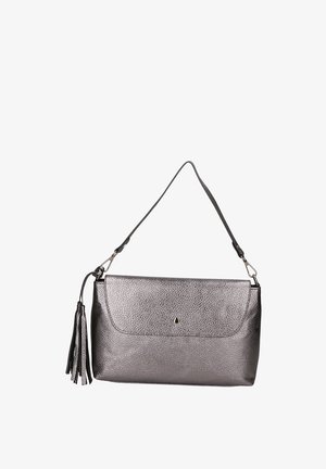 Metaalgrijze clutch met een getextureerde leren buitenkant, klep sluiting en decoratieve kwast. Voorzien van een afneembare schouderband.