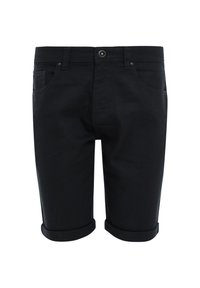 Shorts en denim noir avec ourlets retroussés, bouton frontal, passants de ceinture et poches latérales, présentés sur fond blanc.