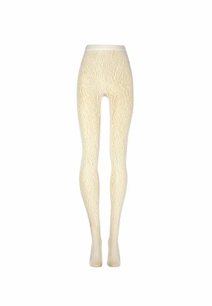 Cremefarbene gemusterte blickdichte Strumpfhosen, dargestellt vor weißem Hintergrund ohne Modell.