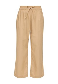 Pantalon beige à jambes larges avec taille élastique et cordon de serrage, fabriqué en tissu léger, idéal pour une tenue décontractée.