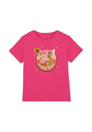 Bright pink children's t-shirt with cartoon girl riding a smiling horse inside a horseshoe, holding a hat, text "COWGIRL QUEEN."