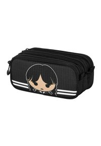 Etui à crayons noir avec un personnage de dessin animé aux tresses, trois compartiments zippés et des accents de rayures blanches. Tissu texturé.