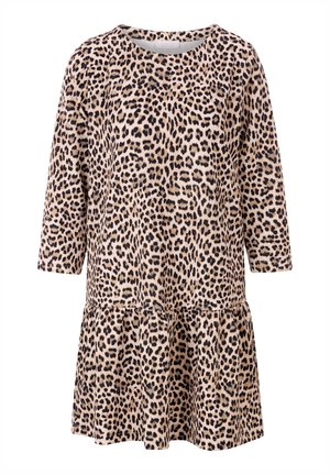 Robe à imprimé léopard en tissu doux, avec un col rond, des manches trois-quarts et un ourlet à volants en couches. Couleur : beige et noir.