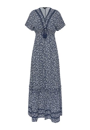 Abito lungo blu navy con stampa floreale bianca, maniche corte svolazzanti, scollo a V con laccio a nappe e orlo a balze.