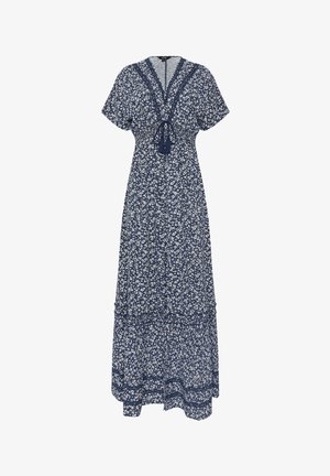 Abito lungo blu navy con stampa floreale bianca, maniche corte svolazzanti, scollo a V con laccio a nappe e orlo a balze.