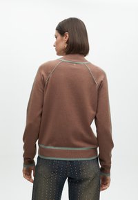 Hnědý svetr s vysokým výstřihem a kontrastním světlomodrým lemováním na rukávech a spodním okraji. Hladká textura s ribovanými akcenty.