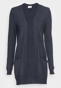 Marineblauer langer Cardigan aus strukturiertem Strickstoff, mit offenem Vorderteil, langen Ärmeln und zwei Vorderaschen.