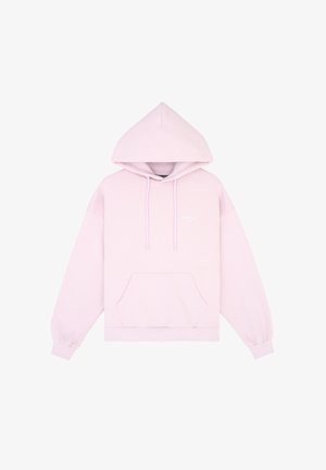 Helle rosa Kapuzensweatshirt aus weichem Stoff. Verfügt über eine Kängurutasche und ein einfaches Logo auf der Brust. Lockerer Schnitt mit gerippten Bündchen.