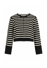 Cardigan accorciato a righe bianche e nere con maniche lunghe e scollatura rotonda di Rouge Edit.