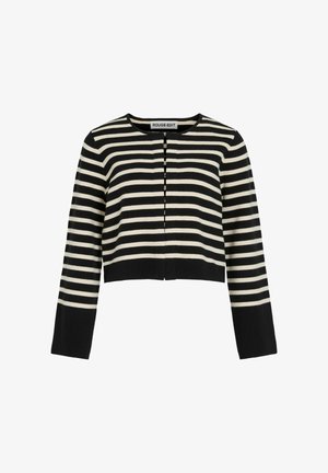 Black and white striped cropped cardigan with long sleeves and round neckline by Rouge Edit.