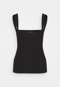 Svart ribbad tanktop med breda axelremmar och fyrkantig halsringning, med en åtsittande silhuett och mjuk textur. Inga synliga mönster eller detaljer.