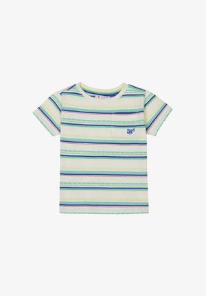 Kortærmet T-shirt med striber i lys gul, med grønne, blå og lilla striber, lille brystlomme og broderet logo.