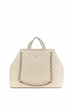 Sac à main matelassé beige avec double poignée supérieure et bandoulière chaîne dorée, ornée d'un petit logo métallique triangulaire sur le devant.