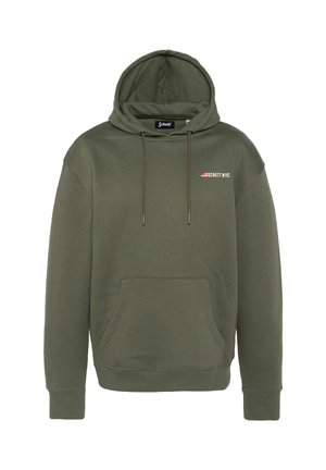 Olivgrüner Kapuzenpullover, Baumwollmischung, Front-Kängurutasche, verstellbare Kapuze mit Kordelzug, Logo-Schriftzug "SCHOTT NYC", gerippte Bündchen und Saum.