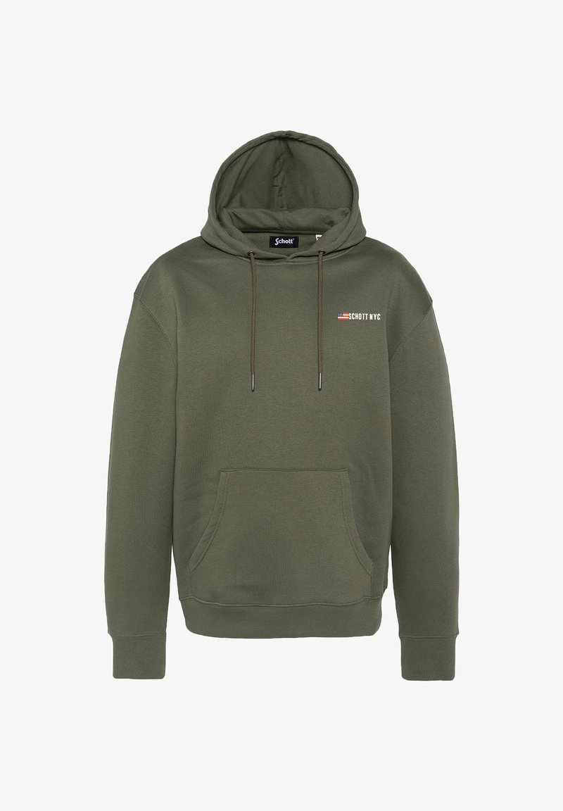 Olivgrüner Kapuzenpullover, Baumwollmischung, Front-Kängurutasche, verstellbare Kapuze mit Kordelzug, Logo-Schriftzug "SCHOTT NYC", gerippte Bündchen und Saum.