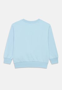 Felpa azzurro chiaro con maniche lunghe, polsini e bordo a coste, texture liscia e un design semplice e discreto. Vista posteriore mostrata.