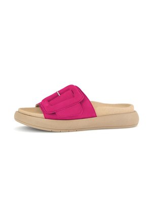 Pink fabric slide sandal with a wide strap and a square buckle detail, featuring a beige cushioned sole and textured toe area.