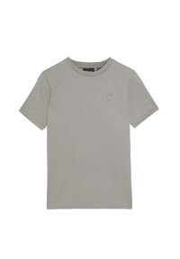 Grå kortærmet t-shirt lavet af blødt materiale, med rund halsudskæring og et lille broderet sommerfugle-logo på venstre bryst.