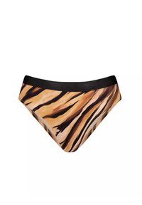 Bikini z wzorem w paski tygrysie w odcieniach pomarańczowego i czarnego, z jednolitą, czarną gumką w talii, gładką teksturą i szczegółowym haftem.