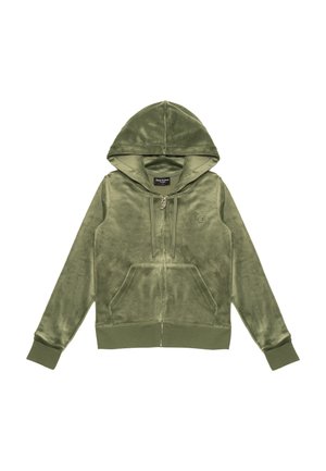 Felpa con cappuccio verde oliva, con zip, realizzata in morbido tessuto velour, caratterizzata da una tasca frontale, cordini e un piccolo logo sul petto.