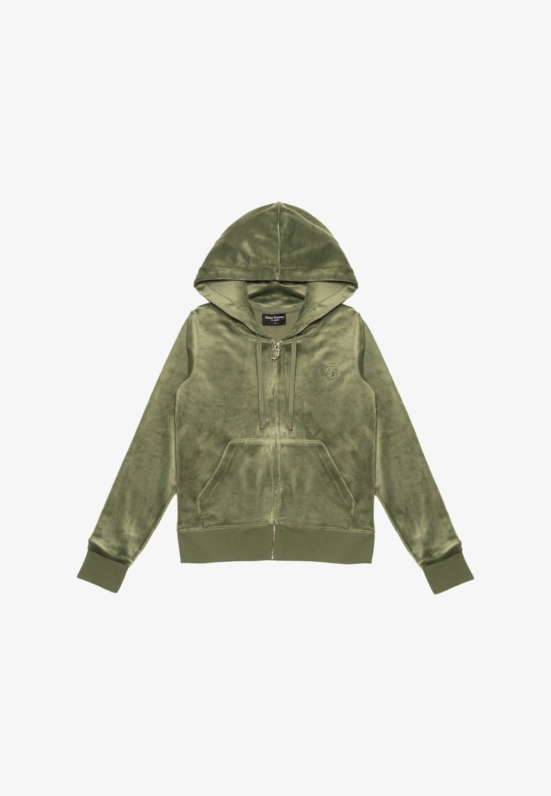 Felpa con cappuccio verde oliva, con zip, realizzata in morbido tessuto velour, caratterizzata da una tasca frontale, cordini e un piccolo logo sul petto.