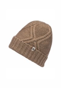 Knit beanie in light brown wool, featuring a textured, cable knit design with a ribbed cuff and a small logo tag on the side.