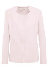 Vaaleanpunainen bleiseri, jossa on aaltoileva kaula-aukko, yksittäinen nappisulku ja kaksi etutaskua, valmistettu pehmeästä ja rakenteellisesta kankaasta.