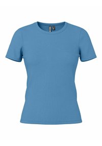 T-shirt blu a maniche corte con una classica scollatura rotonda. Presenta una texture liscia e una forma aderente per una vestibilità confortevole.