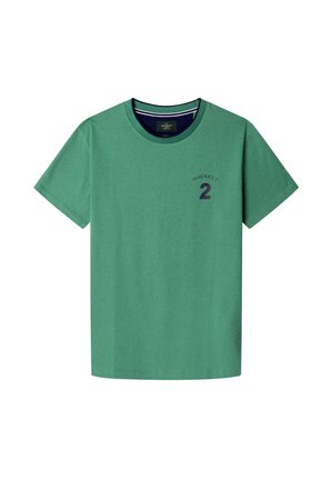 T-shirt en coton vert avec un col rond, des manches courtes et l'imprimé "HACKETT 2" en marine sur la poitrine. Texture lisse, design décontracté.