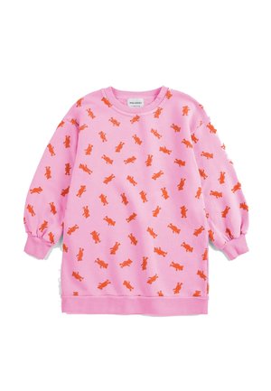 Roze lange mouwen sweatshirt met oranje teddyberen patronen, geribde boorden en een ronde hals.