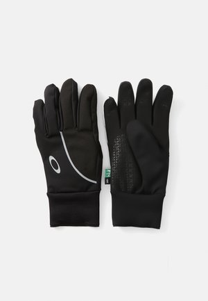 Schwarze Handschuhe mit einer glatten Außenfläche und strukturierten Griffmustern auf der Handfläche, ausgestattet mit einem geschwungenen grauen Akzentdesign.