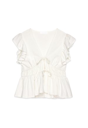Blusa bianca a maniche corte con maniche arricciate, scollatura a V e vita arricciata. Presenta un dettaglio con lacci sul davanti e un orlo svasato.