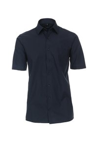 Korte mouw button-up shirt in donker marineblauwe stof, met een borstzak, subtiele stikdetails en standaard kraag met zwarte knopen.