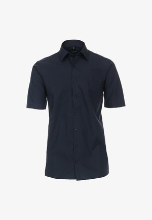 Koszula z krótkim rękawem zapinana na guziki w ciemnoniebieskim kolorze, z kieszonką na piersi, subtelnymi detalami szycia oraz standardowym kołnierzykiem z czarnymi guzikami.