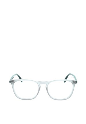 Montatura rettangolare per occhiali traslucida bianca con una leggera curva sui bordi superiori e aste sottili, mostrata su sfondo bianco.