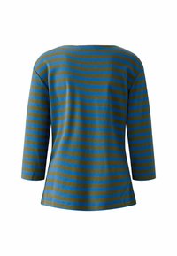Gestreiftes T-Shirt mit rundem Ausschnitt und 3/4-Ärmeln, in olivgrün und blauen horizontalen Streifen, aus weichem, strukturiertem Stoff.