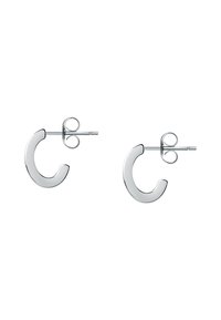 Orecchini a cerchio in argento con un design elegante e curvo. Superfici lisce e riflettenti e chiusura a perno. Stile minimalista e contemporaneo.