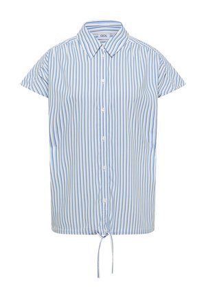 Bílá košile s krátkými rukávy a modrými svislými pruhy, s předními knoflíky, límečkem a stahovací šňůrkou na dolním okraji.