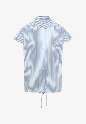 Camicia bianca a maniche corte con righe verticali blu, chiusura frontale con bottoni, colletto e coulisse all'orlo.