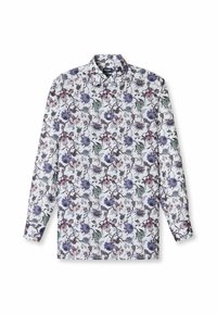 Langarmhemd mit einem weißen Hintergrund und einem Blumenmuster in Lila, Grün und Blau, aus leichtem Stoff mit einer Knopflasche.