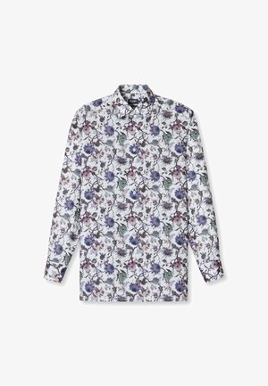 Langarmhemd mit einem weißen Hintergrund und einem Blumenmuster in Lila, Grün und Blau, aus leichtem Stoff mit einer Knopflasche.