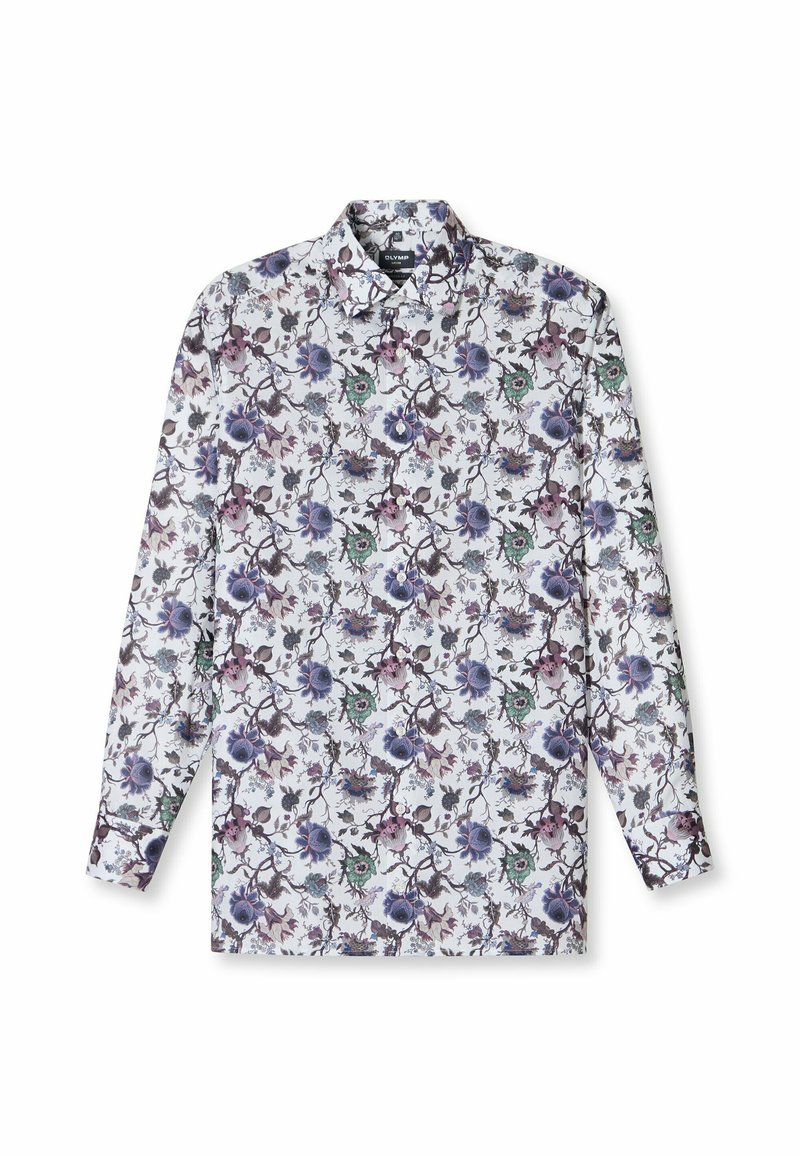 Langarmhemd mit einem weißen Hintergrund und einem Blumenmuster in Lila, Grün und Blau, aus leichtem Stoff mit einer Knopflasche.