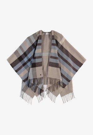 Woll-Poncho in beige, grau und blauem Karomuster; mit Fransen am Saum und offener Vorderseite.