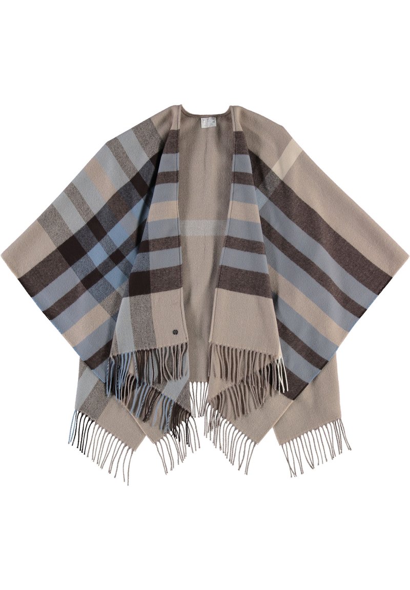 Wollen poncho in beige, grijs en blauw geruit patroon; met franjes aan de zoom en een open ontwerp.