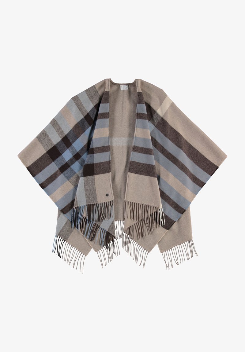 Poncho de lana en un patrón de cuadros en beige, gris y azul; presenta detalles de flecos en el dobladillo y un diseño de frente abierto.