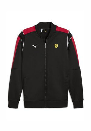 Veste noire zippée avec accents rouges, coutures blanches et logo Puma ; présente le blason Ferrari sur la poitrine et deux poches latérales.