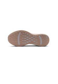Semelle de chaussure en caoutchouc beige avec un motif texturé comprenant des formes ovales et hexagonales pour une meilleure adhérence. Présente un accent de semelle intermédiaire blanche.